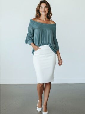 Naked Zebra Teal Off-Shoulder Smocked Top SzL